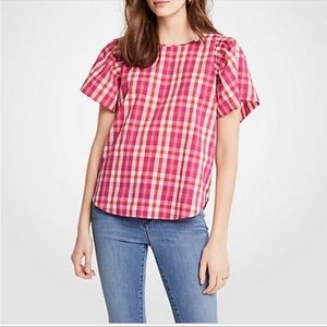 Ann Taylor Gingham Red and Pink Flutter Sleeved Blouse